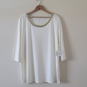 NWT Belle by Kim Gravel White Tunic Gold Neckline Size 3X